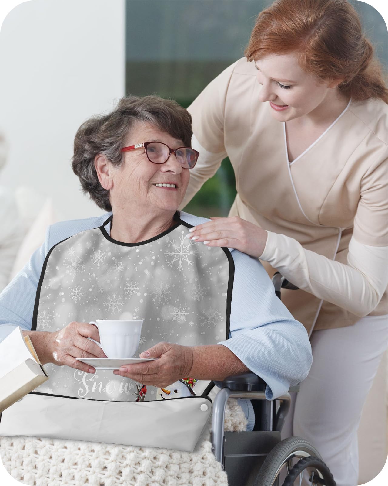 Christmas Grey Adult Bib for Adults Men, Women, Washable & Adjustable Terry Cloth Bib with Crumb Catcher Reusable Waterproof Clothing Clothes Protector Apron Snowman Snowflake Old Car Pine Tree