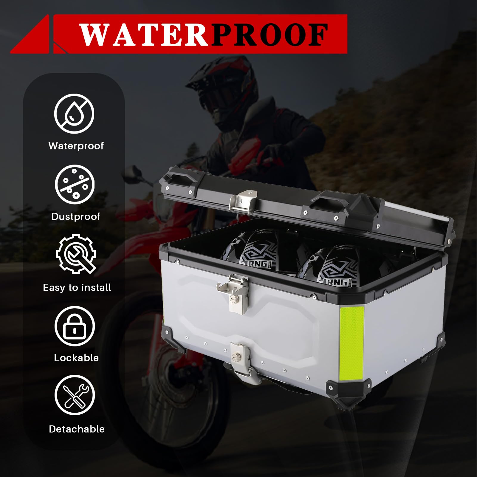 Bauletto moto in alluminio, impermeabile, 65 L Bauletto superiore per moto o contenitore per bagagli (Argento)