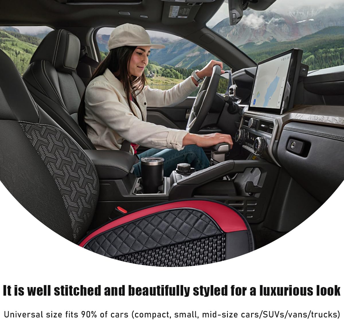 Ziciner Car Seat Bottom Cover Pad, 24.4"×21.7" Leather Vehicle Seat Protector Mat with Pocket, Auto Front Seat Button Cushion Pad, Universal Interior Decor Car Accessories (Knitting, Black+Red)