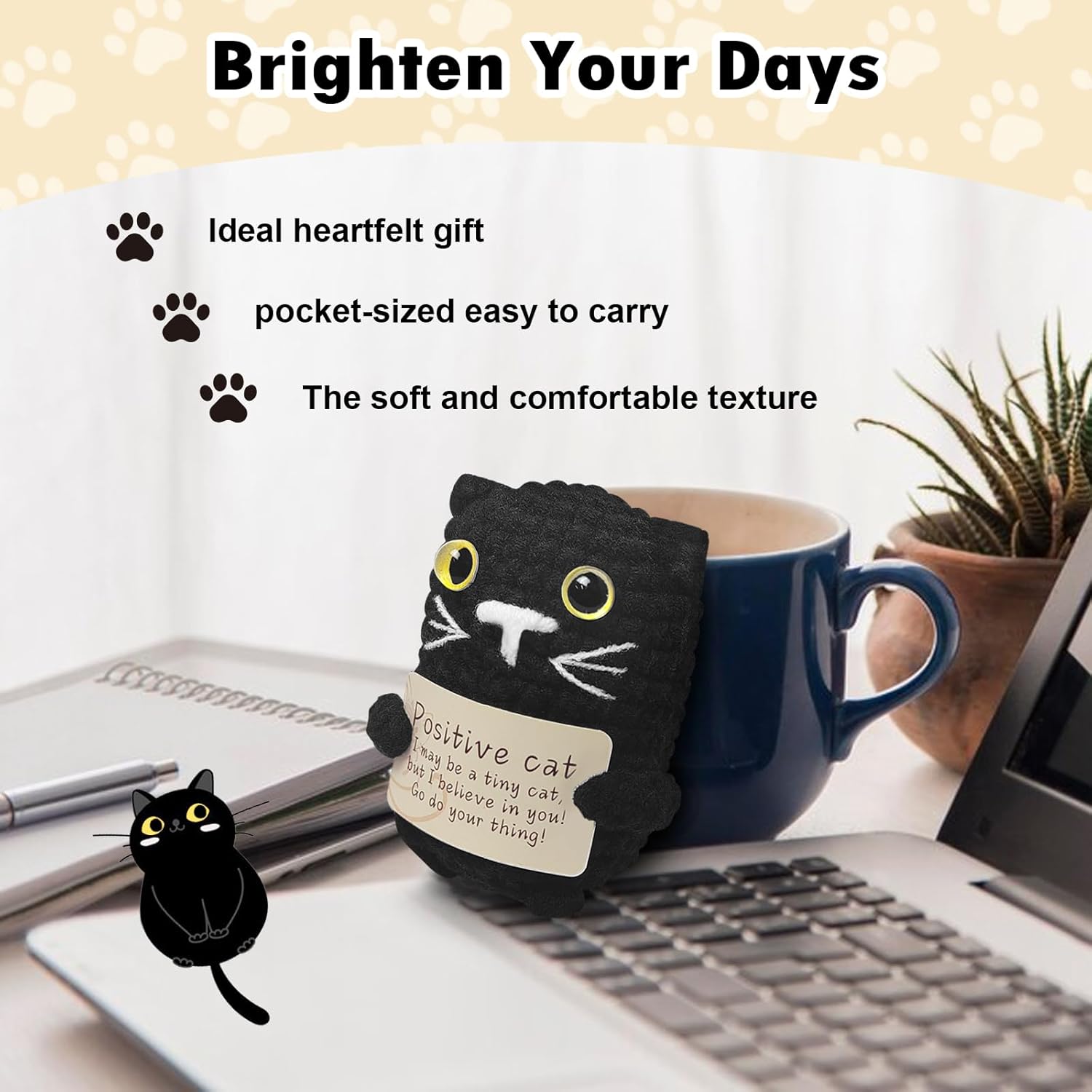 Valentine's Day Gifts for Her Him, Pawsitive Crochet Black Cat, Funny Handmade Mini Emotional Support Cat for Girlfriend Boyfriend, Cute Desk Decor, Anniversary Cheer Up Gift, Basket Filler - Image 6