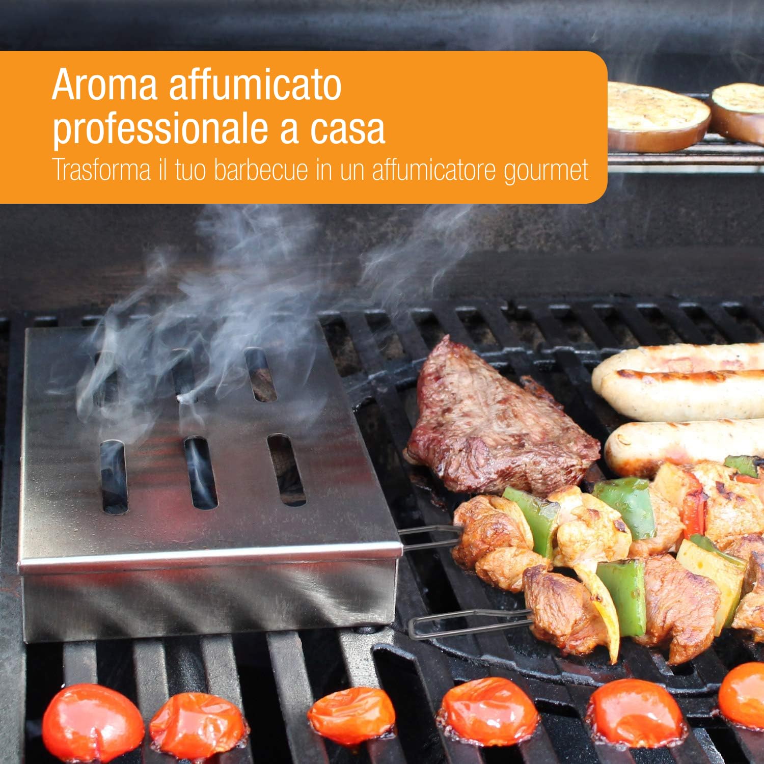 AMAZY Affumicatore Box in Acciaio Inox con 2 spiedini per Grill e 2 Tipi di Chips Diverse - Affumicatore Barbecue Offre al Pesce o alla Bistecca Il Tradizionale Sapore del Barbecue Americano