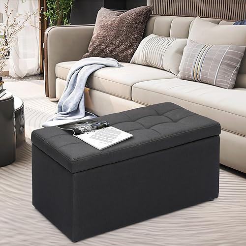 MoNiBloom Banco otomano de almacenamiento de 31 pulgadas, banco de extremo de cama para dormitorio, banco de almacenamiento tapizado de lino negro