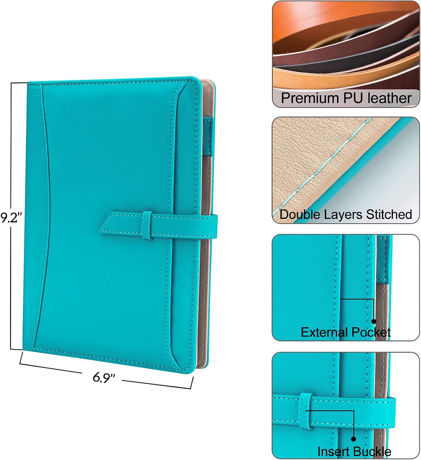 A5 Binder Journal Notebook, Refillable 6 Ring Faux Leather Personal Planner Organizer for 6 Hole A5 Filler Paper, Blue