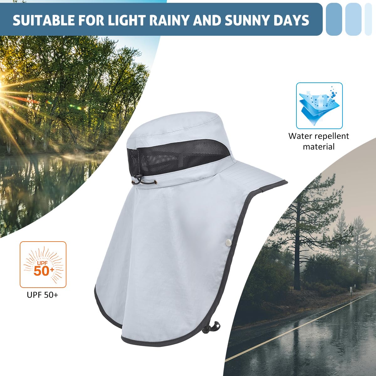 LCZTN Gorra de protección solar UPF 50+ de ala ancha con solapa para cara y cuello, color gris claro