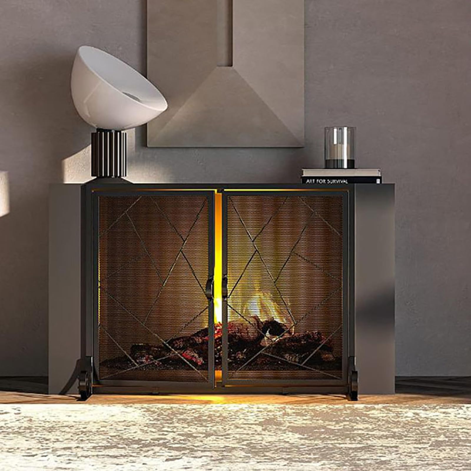 Amazon.co.jp: 暖炉 スクリーン 両開きドア付き自立型暖炉