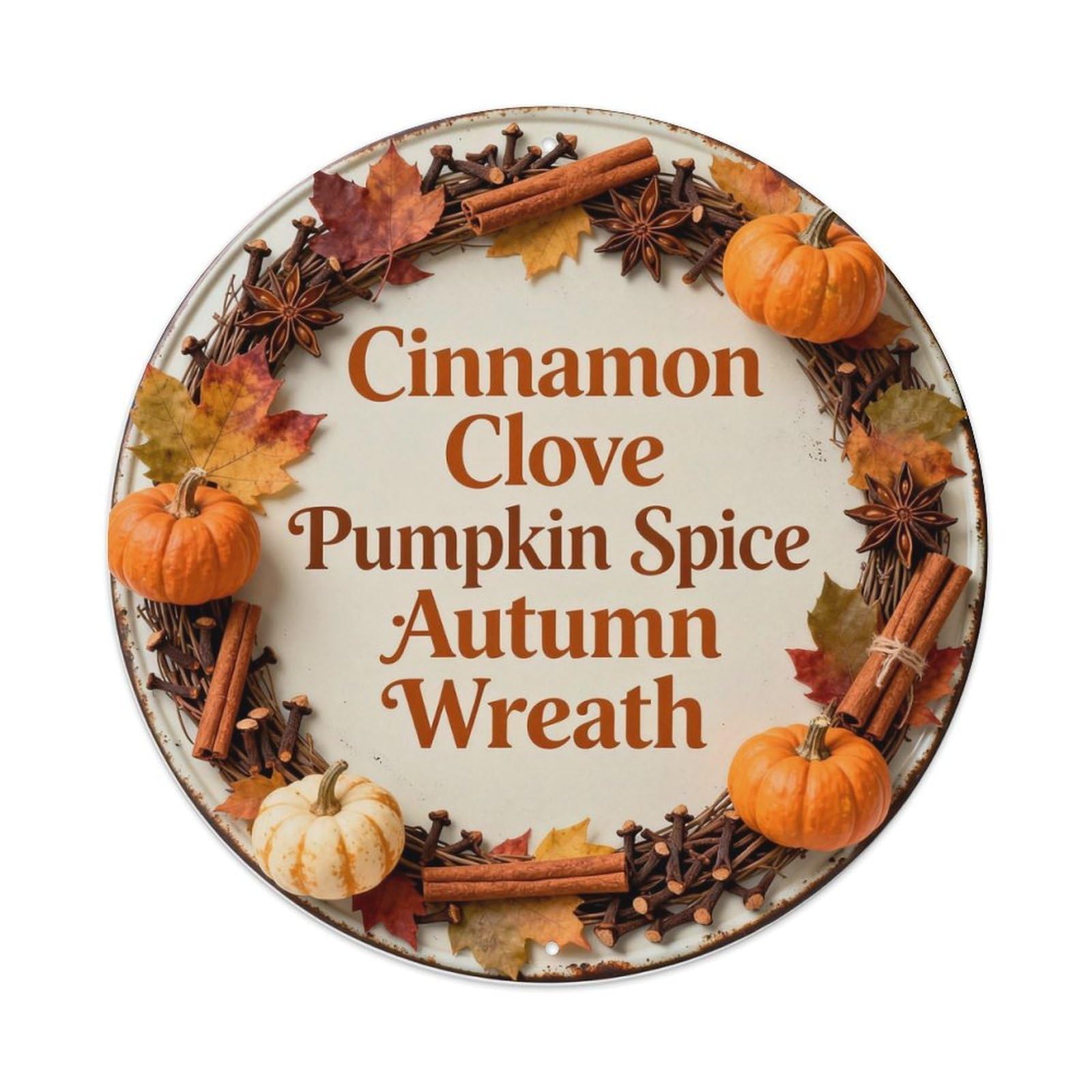 Cinnamon Clove Pumpkin Spice Autumn Wreath Metal Tin Sign Plaque