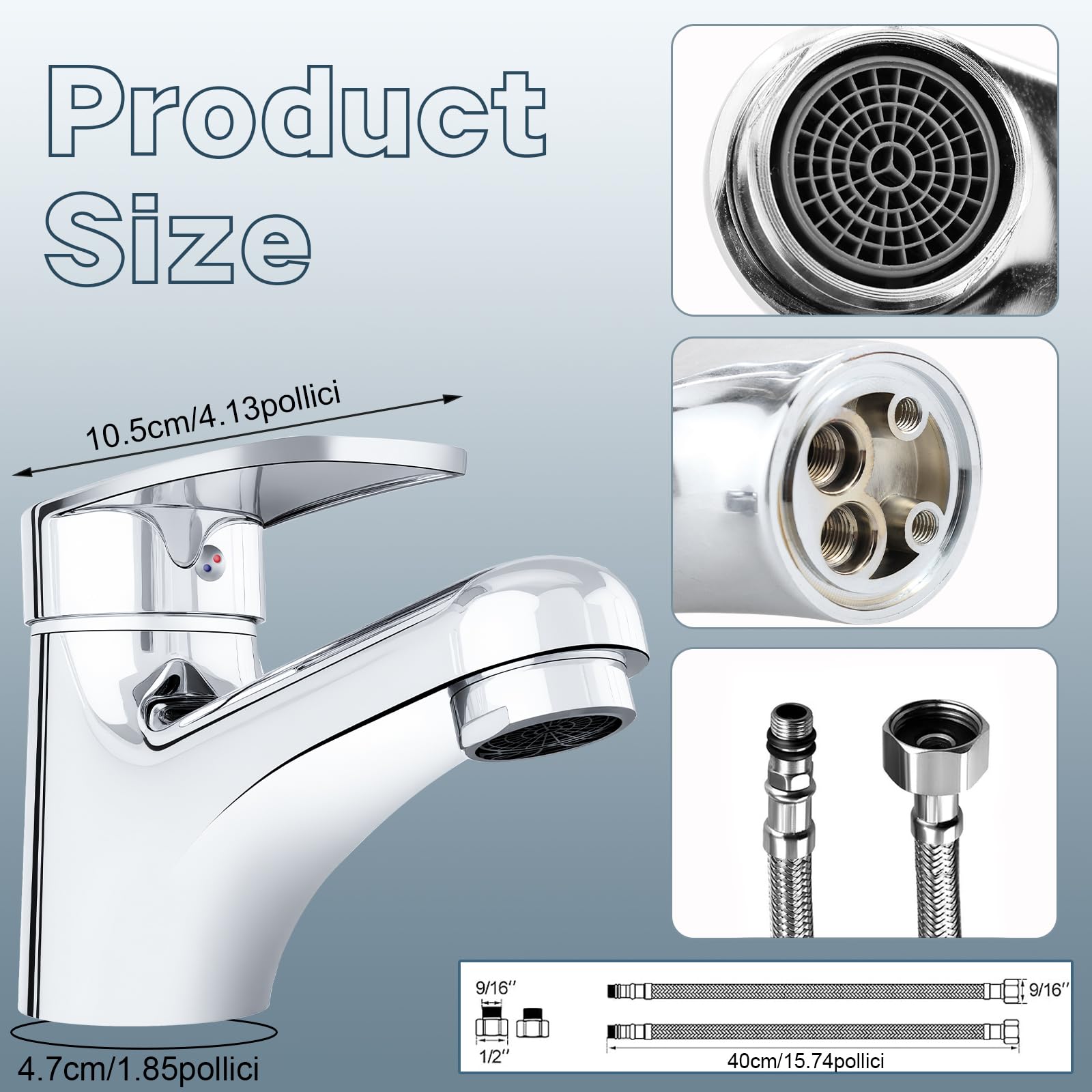 VOLTIX Rubinetto Bagno Lavabo Monocomando, Miscelatore Lavabo con Flessibili da 40cm, Rubinetto Bagno Cromato Facile da Installare, Design Moderno per Lavandini