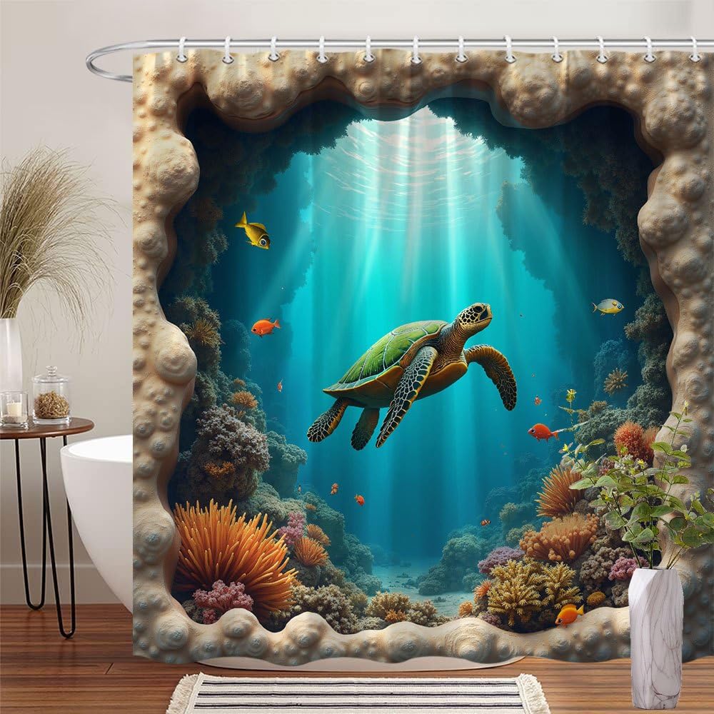 GLWDMB 1 Piece 150x180CM Coral Reef And Marine Life Sea Turtle Underwater Pattern Printed Shower Curtain With Hook, Polyester Fabric, For Windows And Walls, Bathtub, Bathroom, All Season Universal