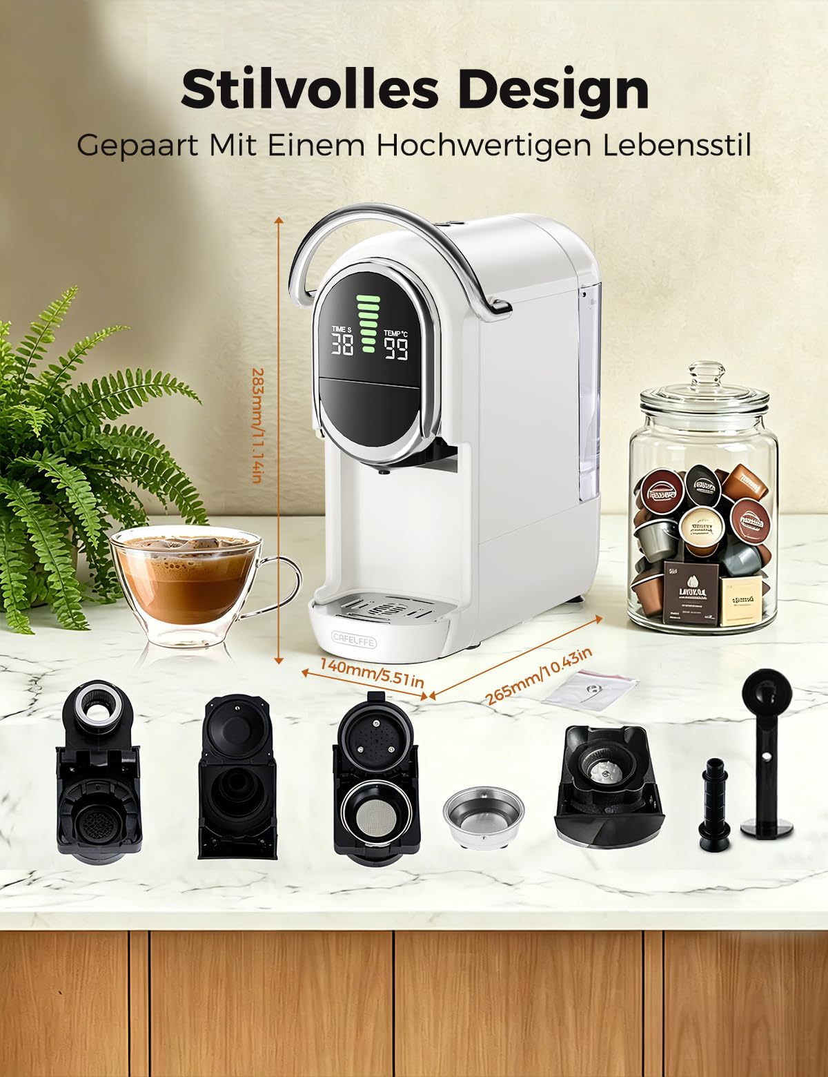 CAFELFFE Cafetera multicápsula 5 en 1 compatible con NS*/DG*/ESE*/A Modo Mio y Coffee Power, 20 bares, función de preparación fría y caliente, temperatura ajustable y 7 niveles de agua, color blanco