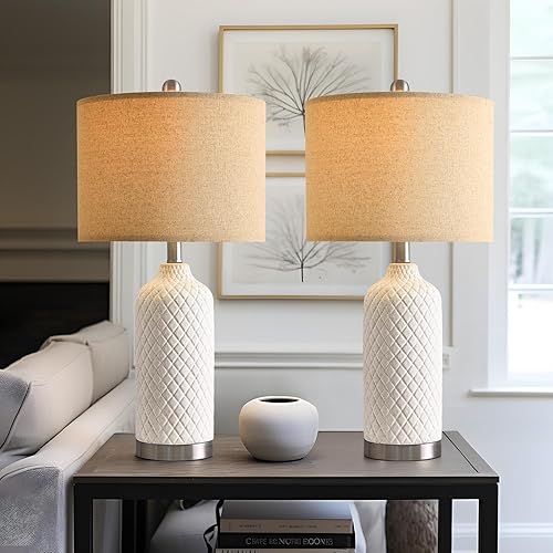 G-SAFAVA Juego de 2 lámparas de mesa de cerámica modernas de 24.25 pulgadas, lámpara blanca y plateada para dormitorio, sala de estar, lámparas de