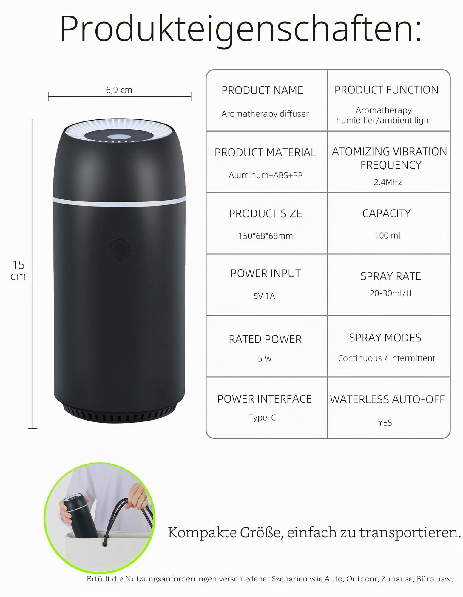 Auto-Diffusor für ätherische Öle und tragbare Mini-Ultraschall-Luftbefeuchter, 100 ml, USB-Aromatherapie-Diffusor mit bunten Lichtern für kleine Räume, Zuhause und Büro