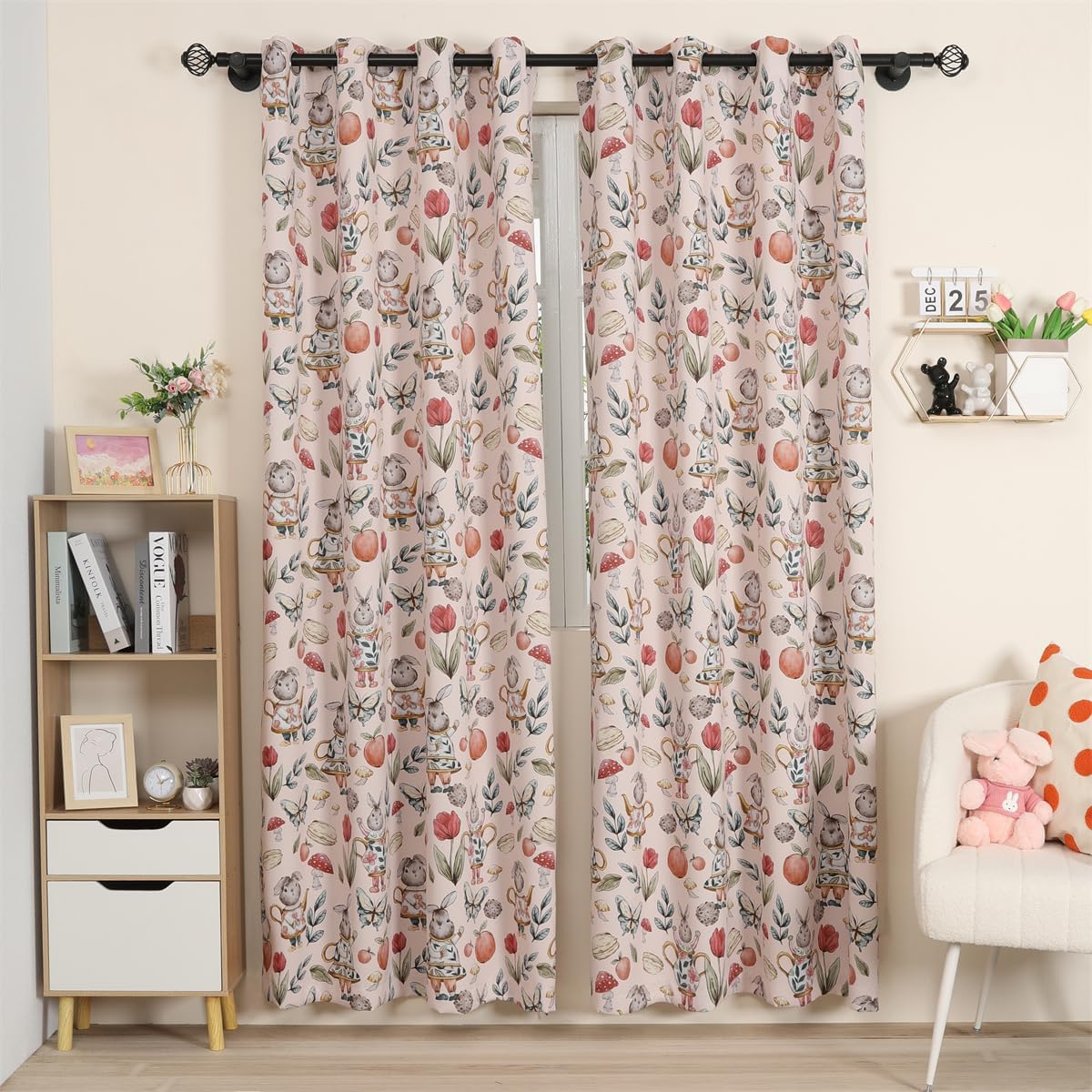 2 Panels Pink Blackout Curtains for Girl Princess Bedroom Cute Rabbits Tulip Flower Drapes for Room Decor, Pink Teapot Bunny 52" W x 84" L
