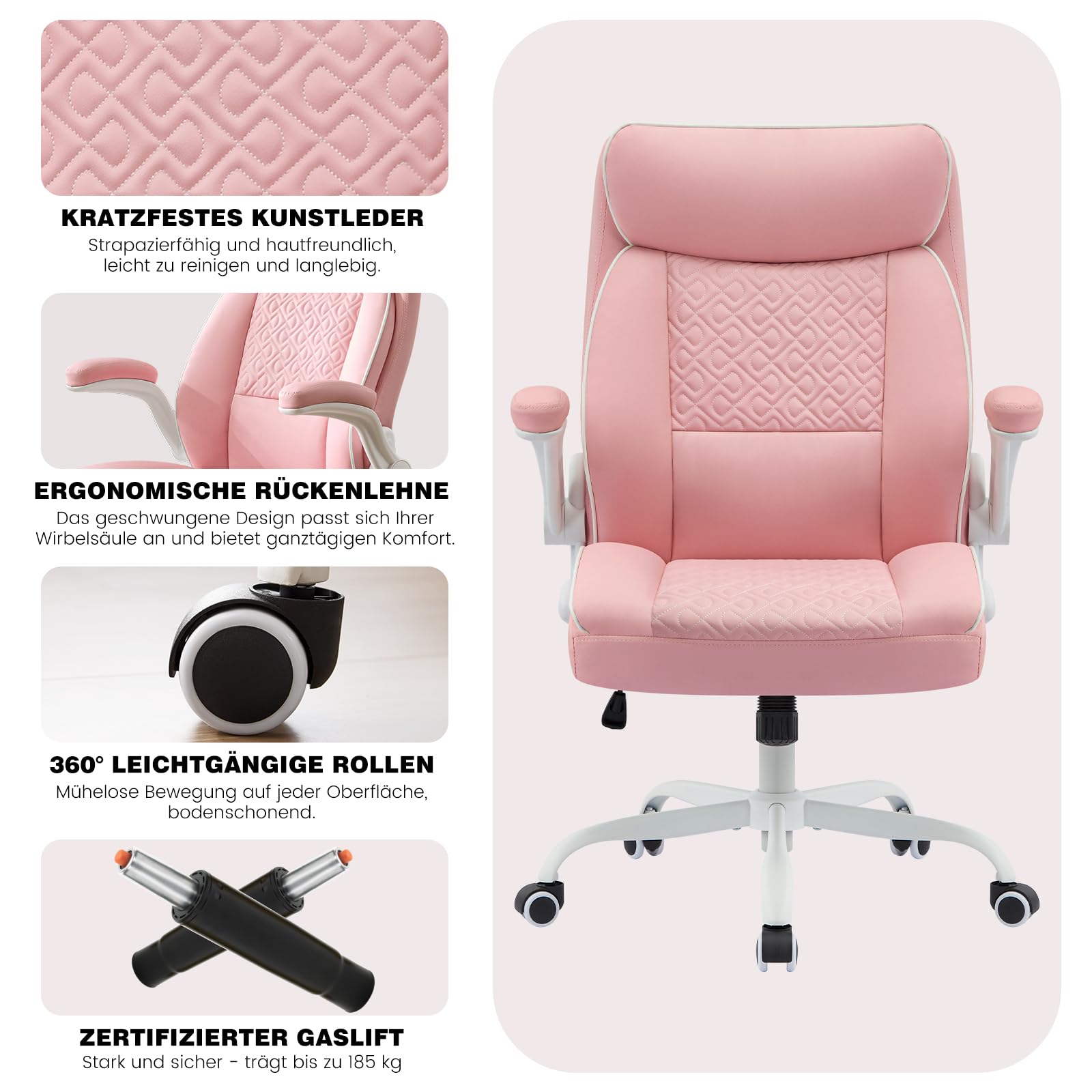 Hellove Chefsessel Bürostuhl 185kg Ergonomischer Kunstleder Schreibtischstuhl mit Verstellbarer Rückenlehne und Klappbaren Armlehnen, Drehstuhl mit Kopfstütze Computerstuhl Home Office Stuhl, Rosa