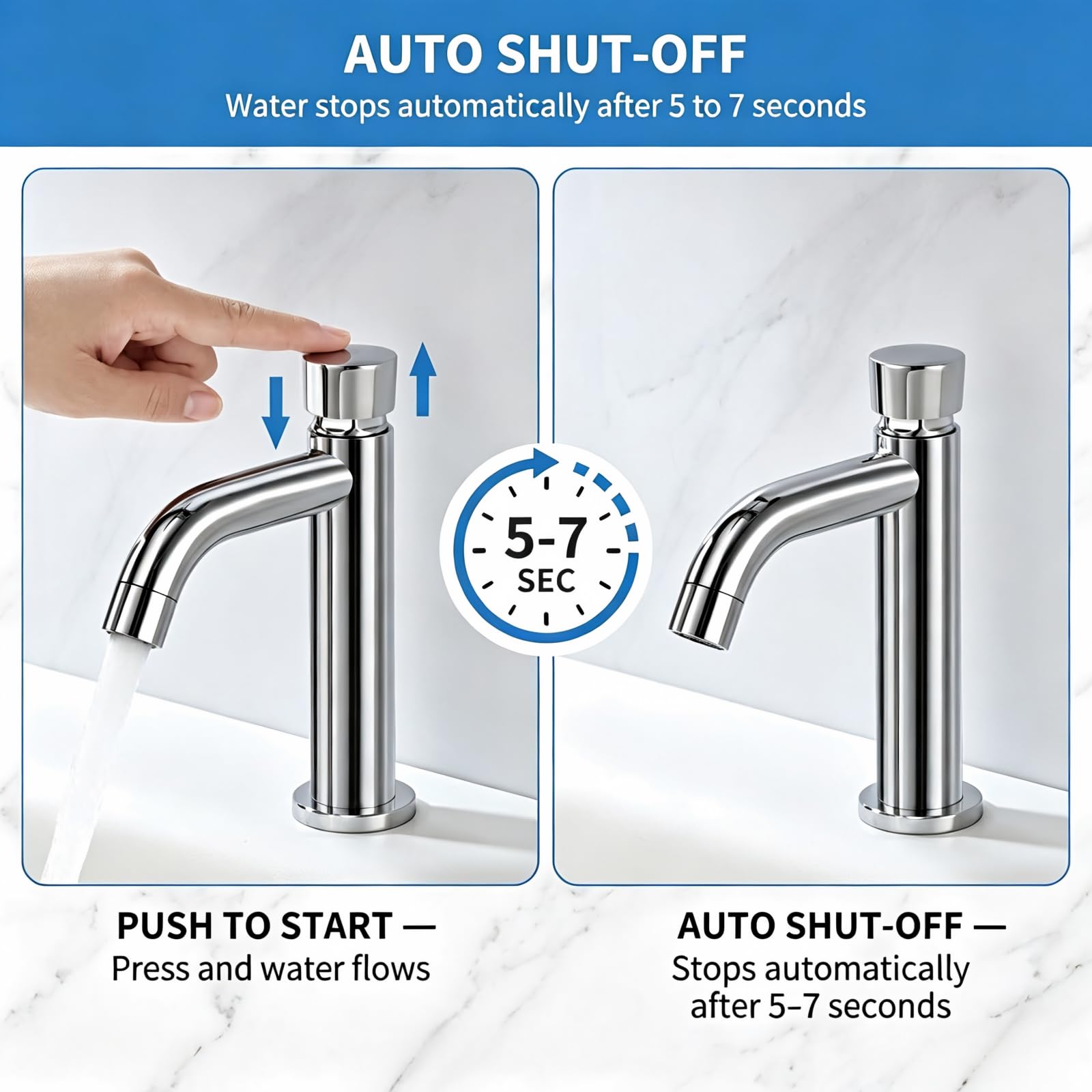 Grifo Temporizado Lavabo Agua Fría, Pulsador, BuntHaus Cierre Automático | Acero inoxidable 304 cromado, grifo lavabo con cierre automático temporizado, ideal para WC y baños públicos