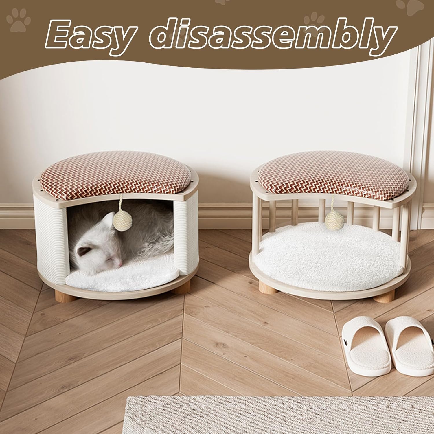 review Cat House for Indoor Cats, Wood Cat Condo Stool with 2 Mats, 3in1 Pet Bed House Ottoman with Hanging Toy Ball, Cat Cave Bed & Furniture for Small & Medium Cats, Brown