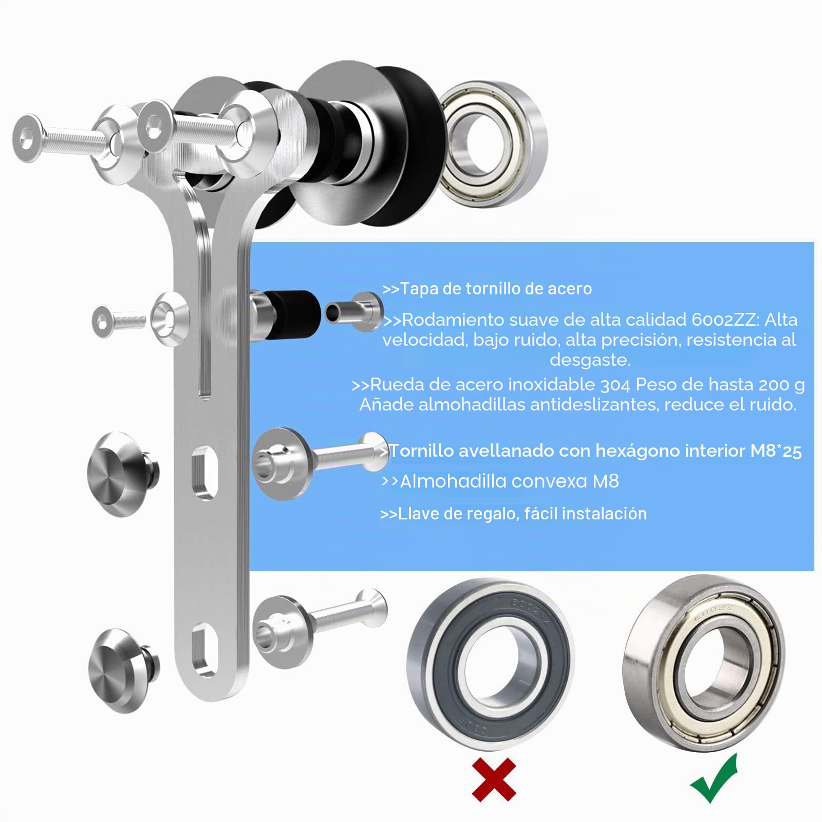 CCJH 152CM/5FT Herraje para Puerta Corredera Kit de Accesorios para Puertas Correderas Juego de Piezas de acero inoxidable Carril para Puerta Deslizante,para puerta de madera/puerta de cristal Y Shape