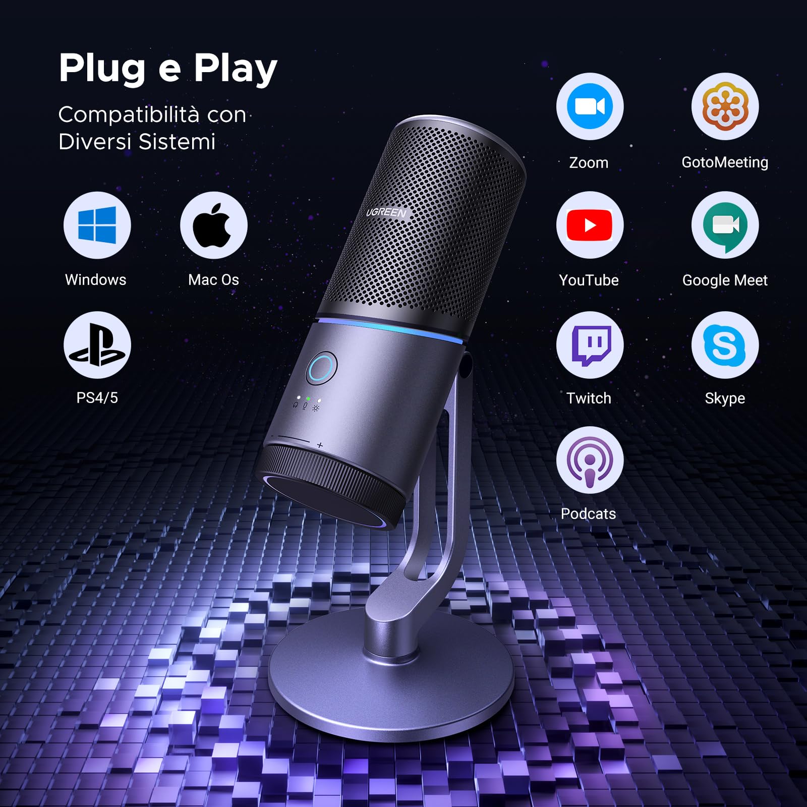 UGREEN Microfono a Condensatore USB 24bit/96kHz Compatibile con PC PS5 per Gioco Streaming Podcast Youtube Registrazione