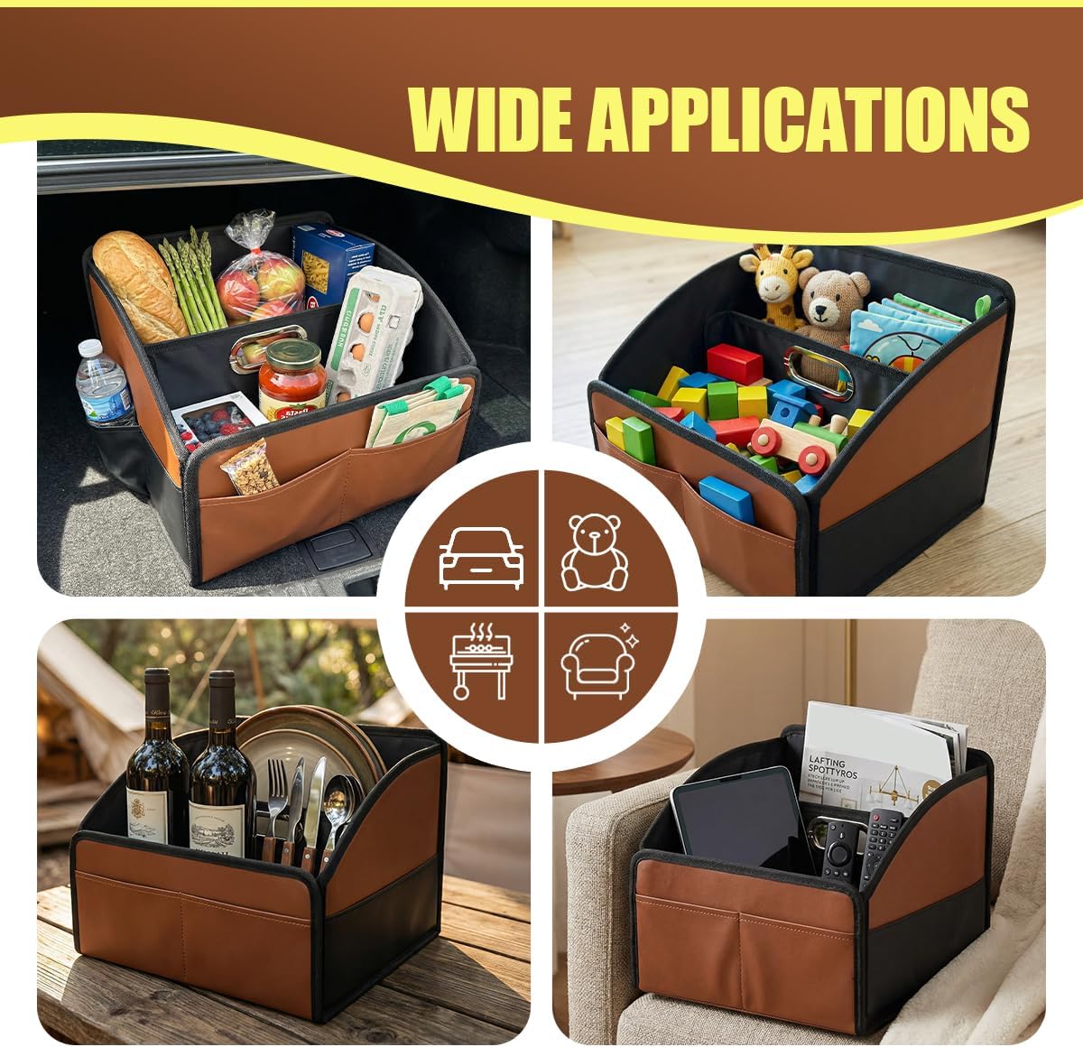 Car Organizer, Foldable Leather Auto Storage Box for Front Back Seat or Floor, with Removable Divider & Metal Handle, Large Capacity Multi-Compartment Car Organize Accessories (Orange)