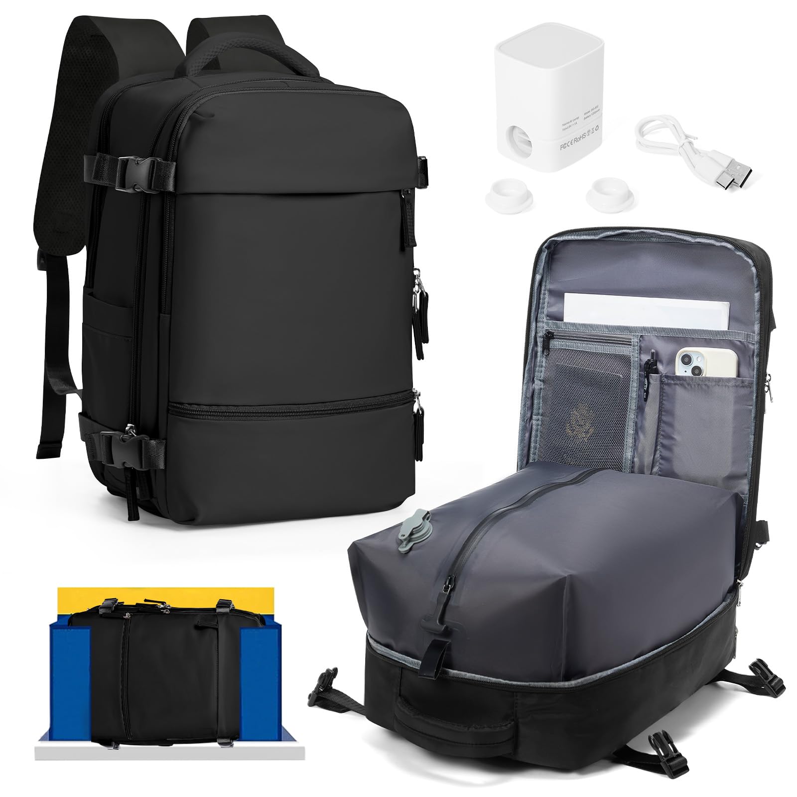 HPLQQ Borsa da Cabina per Ryanair 40x30x20 Zaino Sottovuoto da Viaggio con Pompa Aereo Bagaglio a Mano per Easyjet Impermeabile Lavoro e Scuola Trekking Casual Daypack per 14" laptop,B01-Nero
