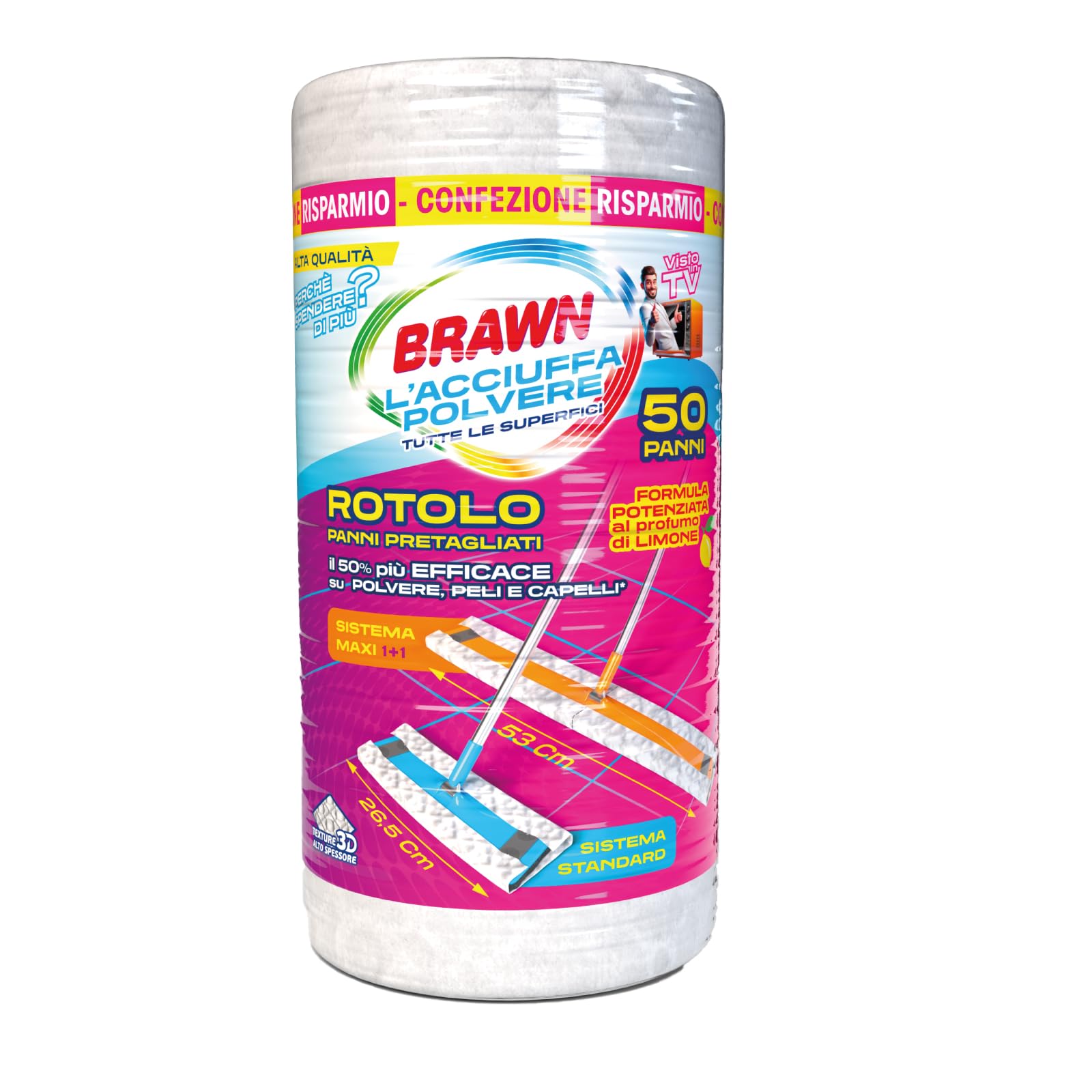 Brawn Acciuffapolvere HQ Rotolo con Panni Pretagliati per Scope Standard e Scope Maxi, Tessuto in Texture 3D ad Alto Spessore con Maggiore Potere Elettrostatico, Rotolo da 50 Panni Pretagliati