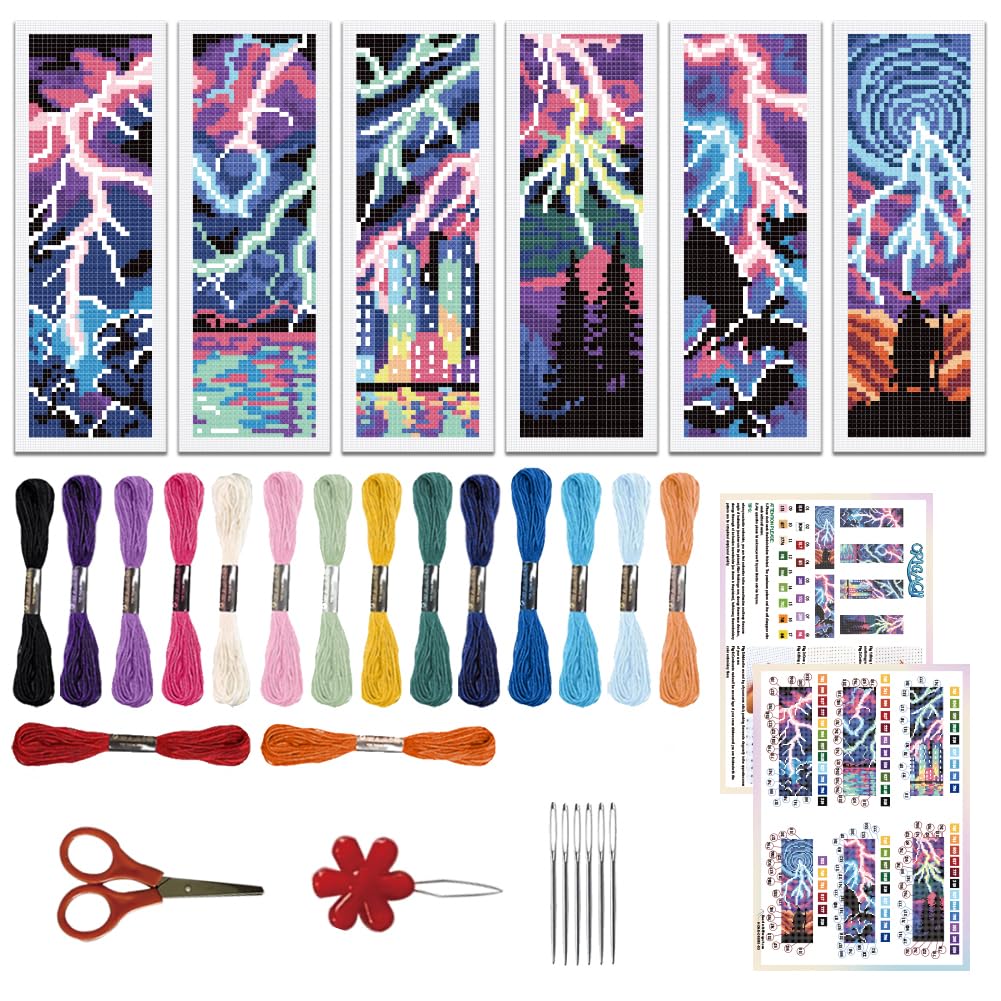 ORIGACH 6 Pcs Colorful Lightning Cross Stitch Bookmark Kit for Beginner Adults Stamped Embroidery Bookmarks Kit with English Instruction for Book Lovers Gift, 21.7 x 7.6 cm
