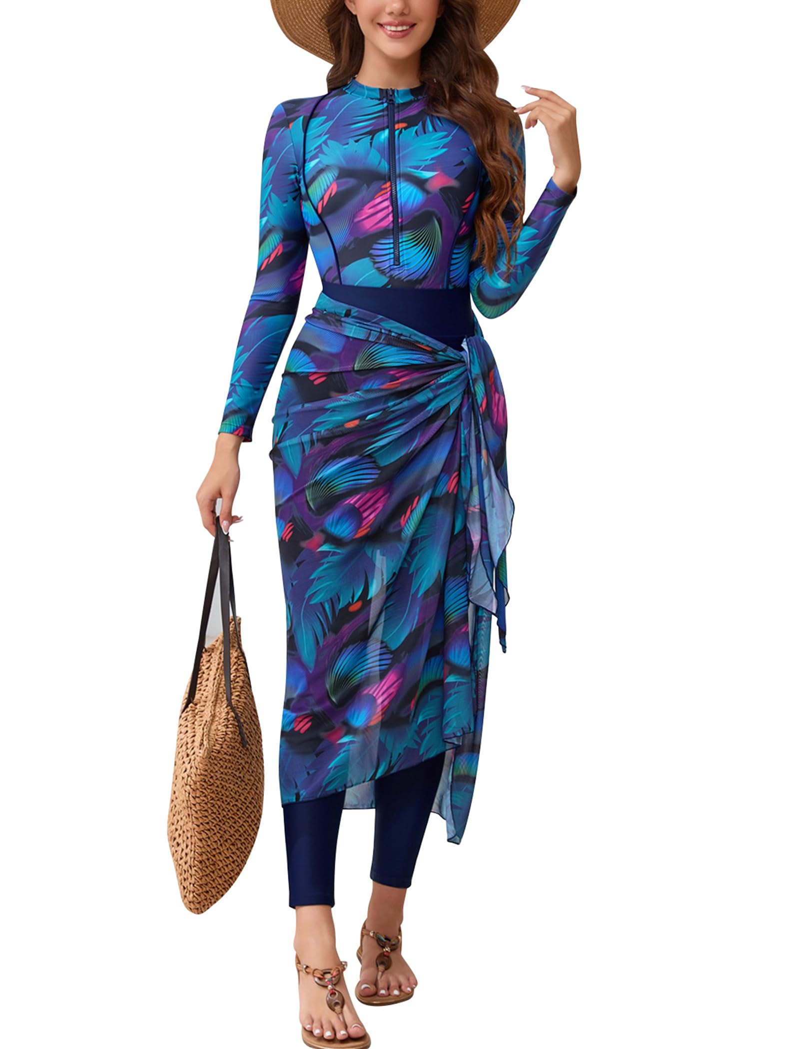Burkini Badeanzug für Damen, 4-teilig, langärmelig, muslimisches Schwimmshirt + Hose + Rock + Cover Up islamischer bescheidener Badeanzug