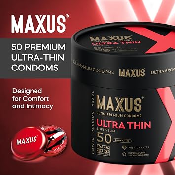 MAXUS Ultra-Thin, 50 Lubricated Condoms for Men, Regular Fit, Natural Latex, Easy-On Shape, Premium Quality, Includes Stylish Metal Case, Pack of 50