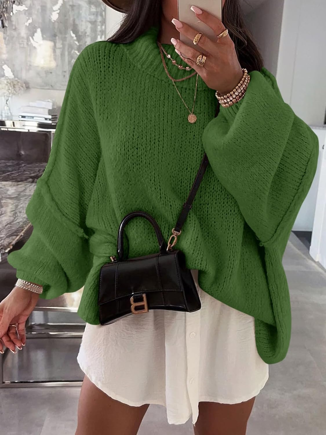 Saodimallsu Womens Oversized Sweaters Mock Neck Batwing Long Sleeve 2026 Fall Trendy Ribbed Knit Casual Tunic Sweater - Image 3