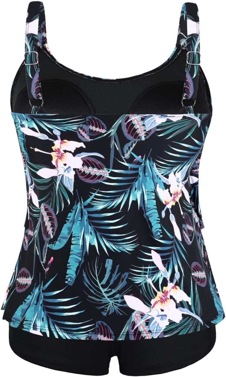 Septangle Women's Tankini Swimsuit Two Pieces Set Ruffle Swimwear Bathingsuit with Boyshort