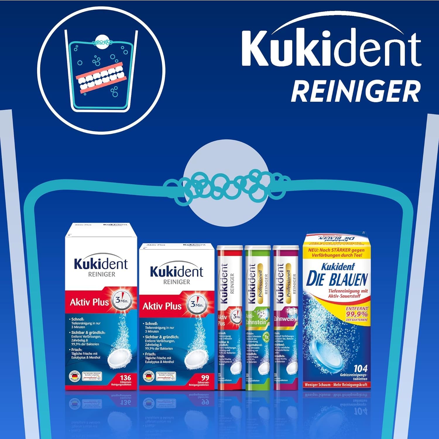 Kukident Aktiv Plus compresse detergenti - pastiglie per la pulizia di protesi, protesi dentarie e dentatura - 12 x 33 compresse