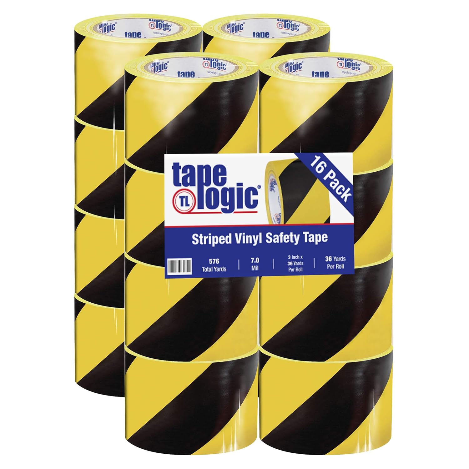Aviditi Tape Logic Multipurpose Striped Vinyl Safety Tape, (Bulk Pack of 16) 3 Inch x 36 Yards, Black/Yellow, Heavy-Duty 7 Mil Thick - Moisture/Grease Resistant, Floor Marking and Social Distancing