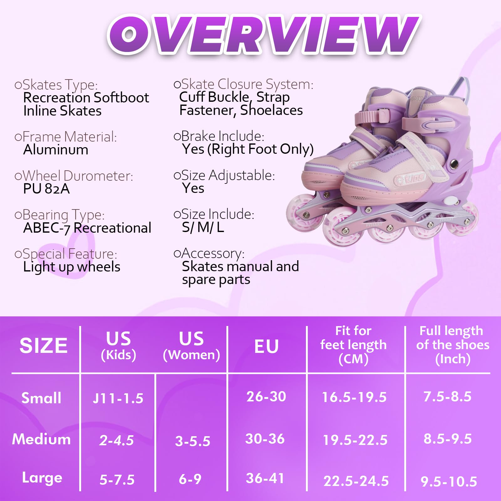 Pattini in linea per bambina e ragazze, Regolabili pattini in linea a 4 ruote per bambini e adolescenti con ruote luminose per lo sport, Rosa Viola