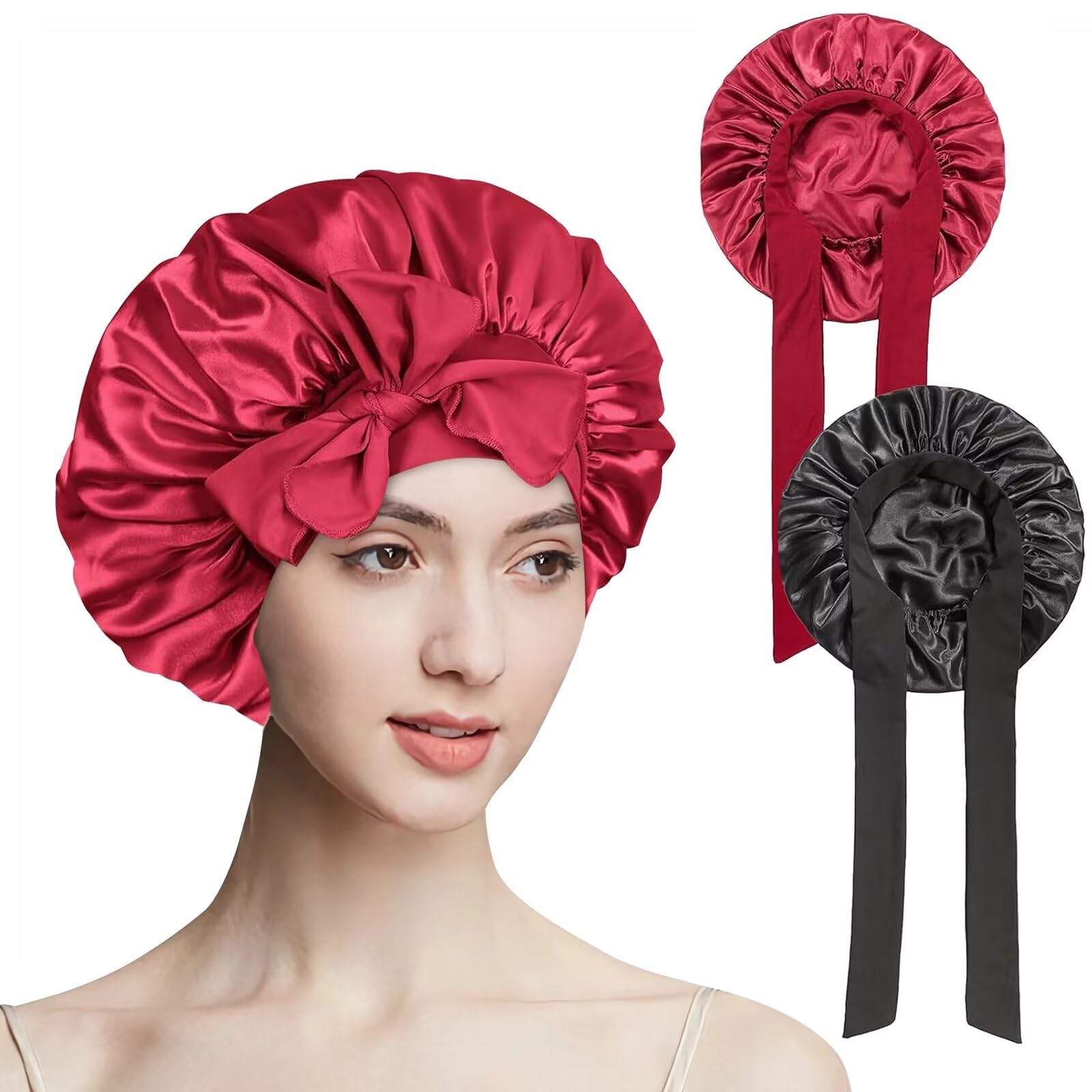 Yexati Satin Bonnet - 2PCS Adjustable Silk Bonnet for Sleeping, Perfect Hair Bonnet for Curly Hair, Lightweight and Breathable Silk Hair Wrap for Sleeping