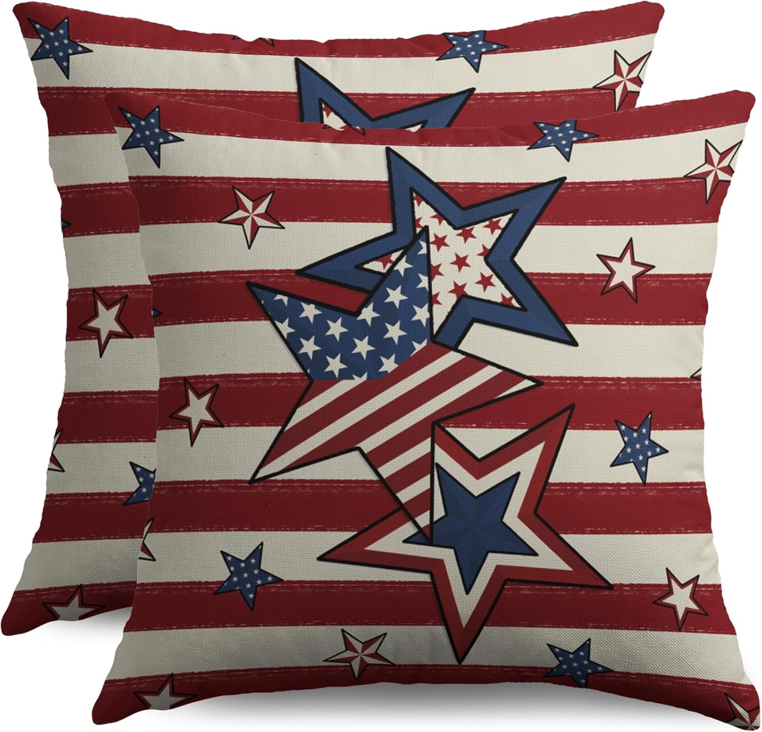 Blue American 4th of July Patriotic Pillow Covers 24X24 Set of 2, Tan Star Independence Memorial Day Throw Pillowcases Holiday Theme Home Decor Outdoor Farmhouse Cushion Cover Couch Sofa Bed