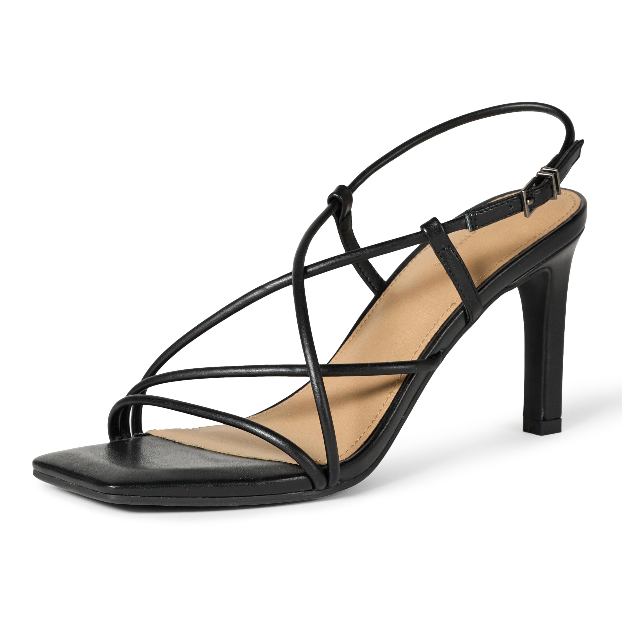 Amazon Essentials Women's Strappy Stiletto Heel Sandals, Black Faux Leather, 4.5 UK