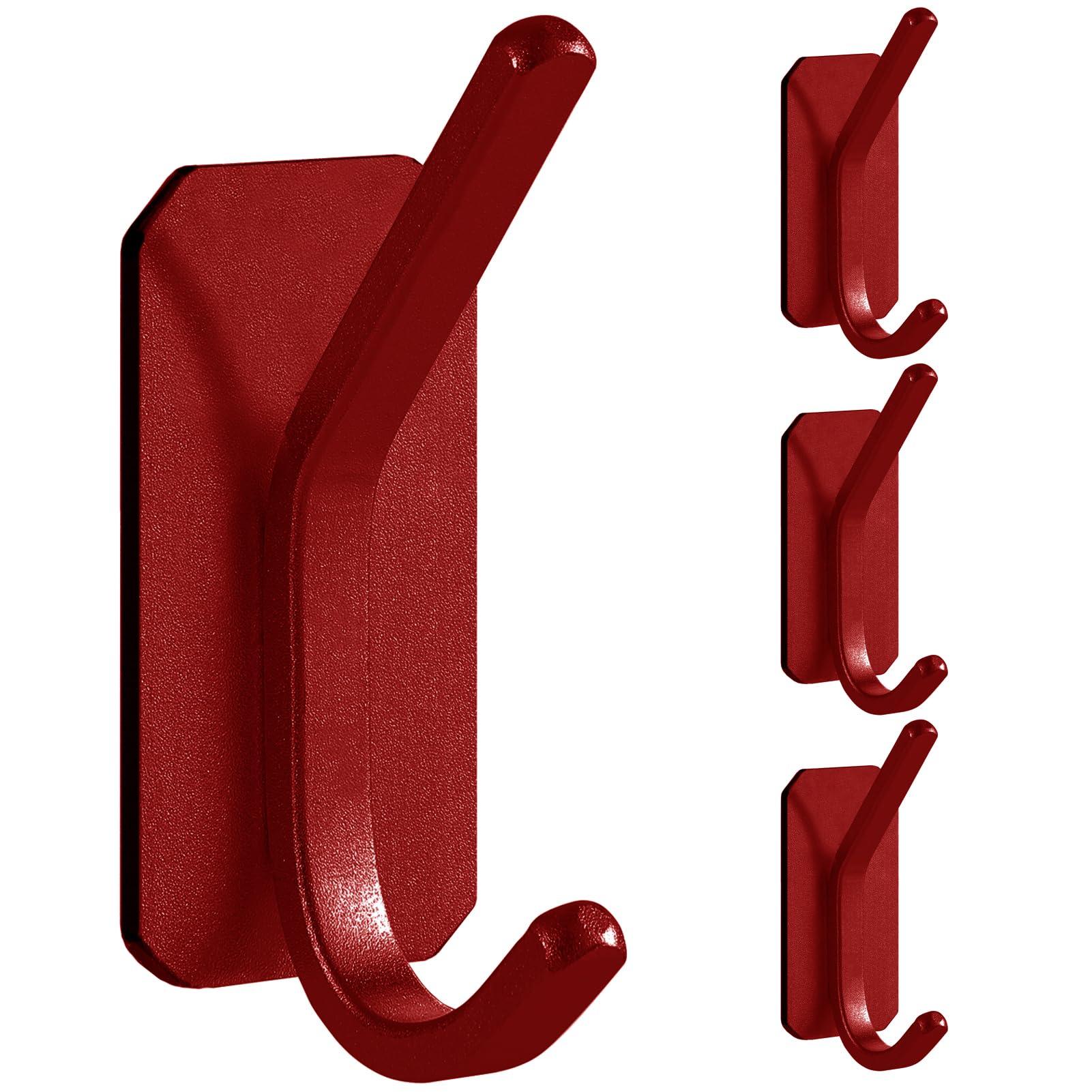 Paoli Heavy Duty Adhesive Wall Hooks, 30 lb Max Load Waterproof Hooks for Bathroom Towels Coats Bags, No Drill Damage-Free for Renters Apartment Dorm, Matte Red, 4 Pack