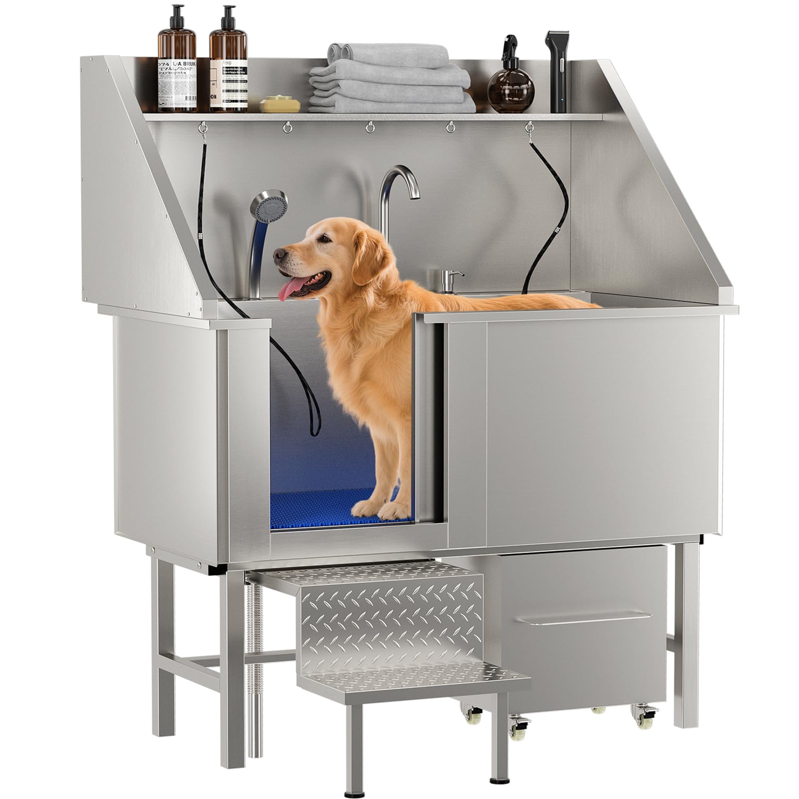 LOVMOR 50" Dog Washing Station, 304 Stainless Steel Pet Grooming Tub with Faucet, Sprayer, Adjustable Height Platform, Entry Step, Storage Shelf & Bin