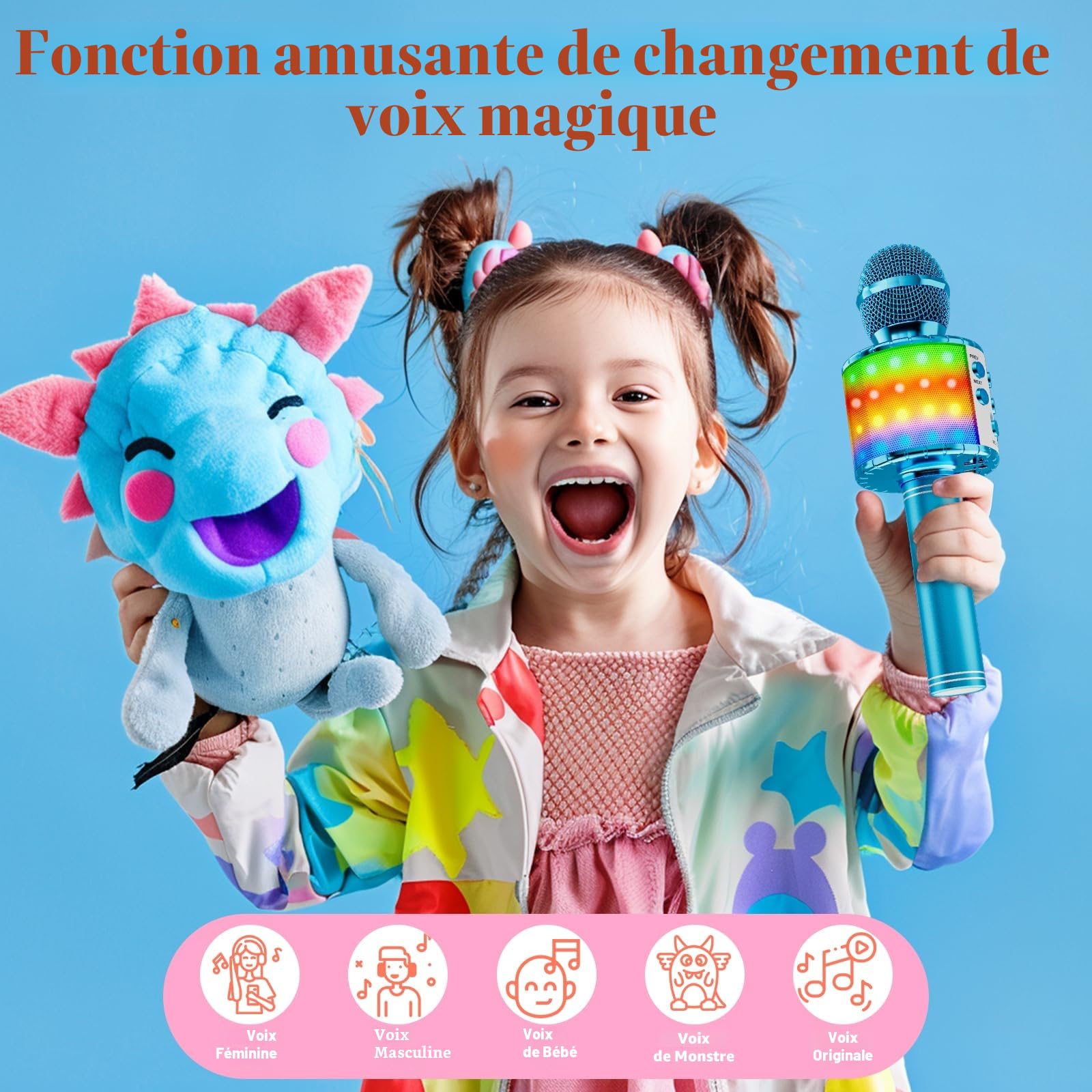 Ankuka Microphone sans Fil Karaoké, Micro Karaoke Enfant avec Lumières LED de Danse, Microphone Bluetooth pour Enfants Fille Garcon pour Fête Chanter Idée Cadeau de Noël Anniversaire Bleu