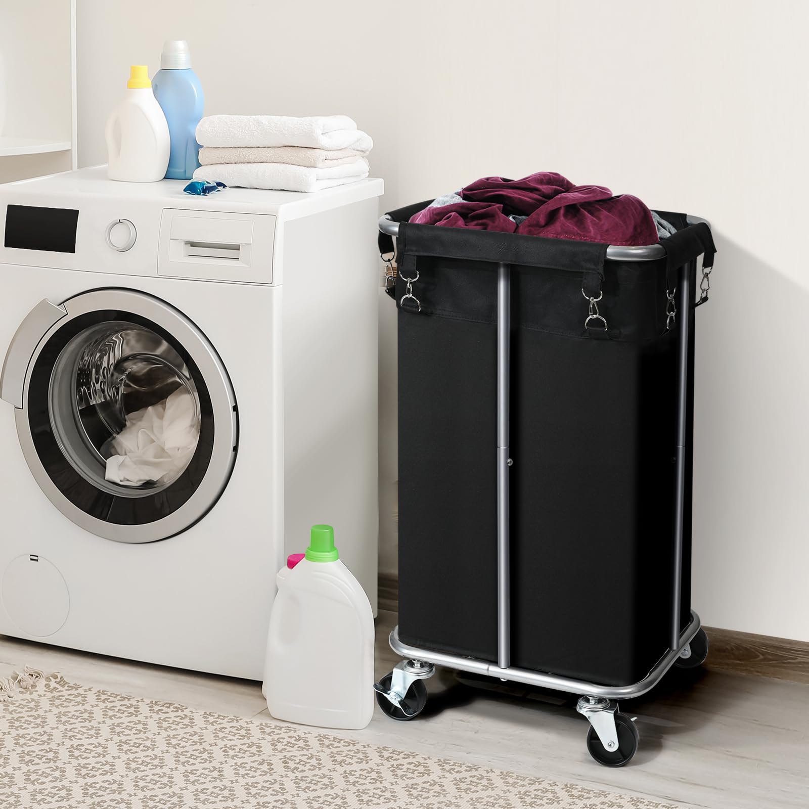 Wäschekorb mit Rollen, rollender Wäschekorb mit abnehmbarem Beutel, 100 L, Wäschesortierwagen, schmaler Wäsche-Organizer mit stabilem Metallrahmen, Schwarz + Silber
