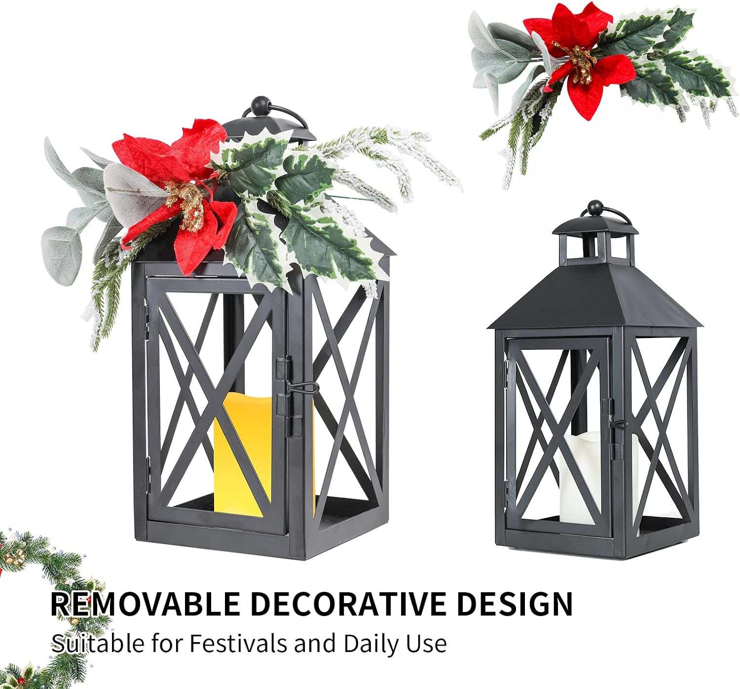 Bdor Black Lantern Decoration with LED Candle – Black Metal Lantern with Holly Berry and Pinecone Accents – Battery Operated Hanging or Tabletop Ornament for Home Decor