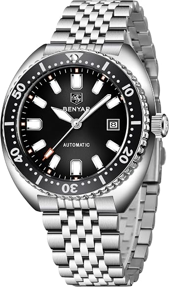 Benyar Automatic Watches for Men Stainless Steel Strap Mechanical Watches for Men 50M Waterproof Calendar Luminous Business Men Watches, 5211 Black, Modern