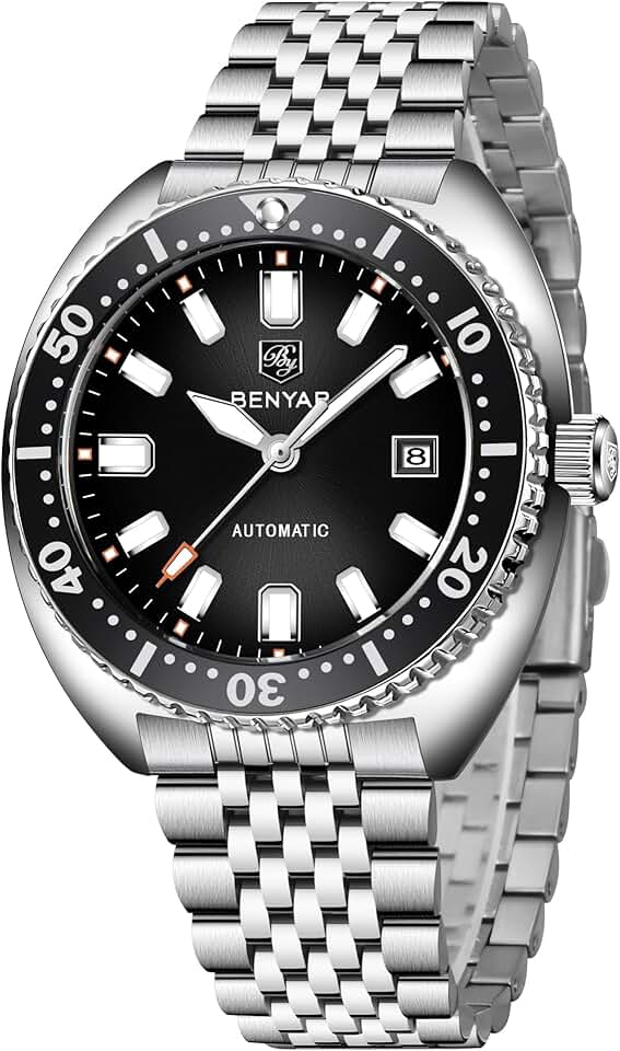 Benyar Relógios automáticos para homens, pulseira de aço inoxidável, relógio de pulso mecânico, masculino 50 m, à prova d'água, calendário, luminoso, para negócios, masculino