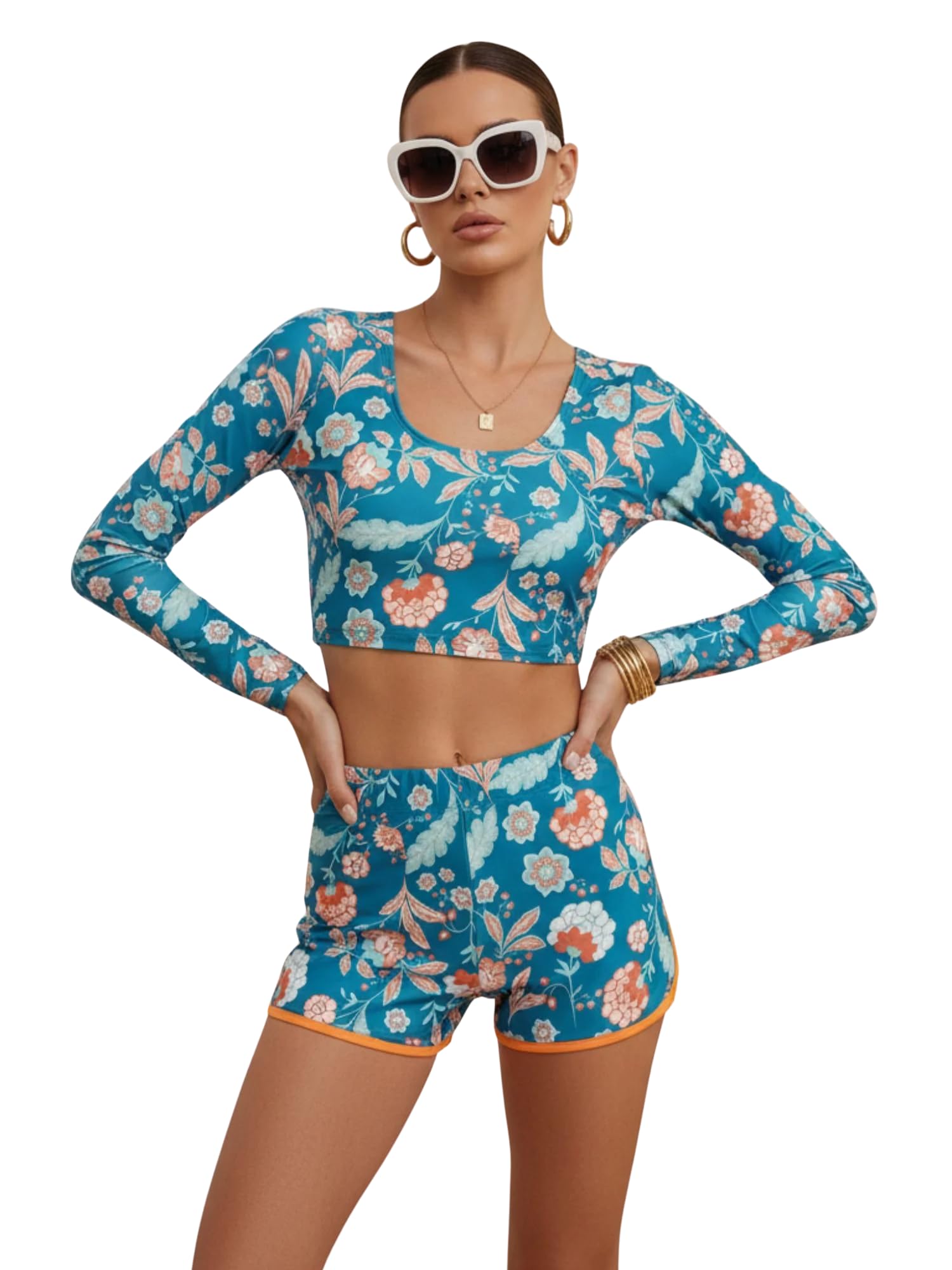 Blue Floral Long-Sleeve Bikini Set with High-Waisted Shorts-image-19