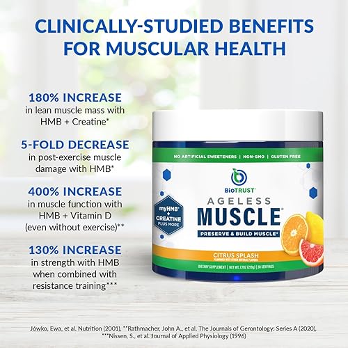 Miniatura 16 de BioTrust Ageless Muscle Builder - Creatina HMB en polvo con vitamina D3 y betaína - Construye y preserva la masa muscular y la fuerza en disminución