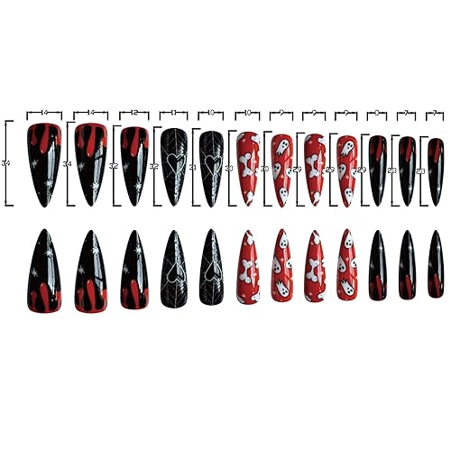 Miniatura 5 de Uñas postizas a presión para Halloween, uñas postizas largas de aguja de cobertura completa, fantasma, telaraña, sangre con diseños de esqueleto,