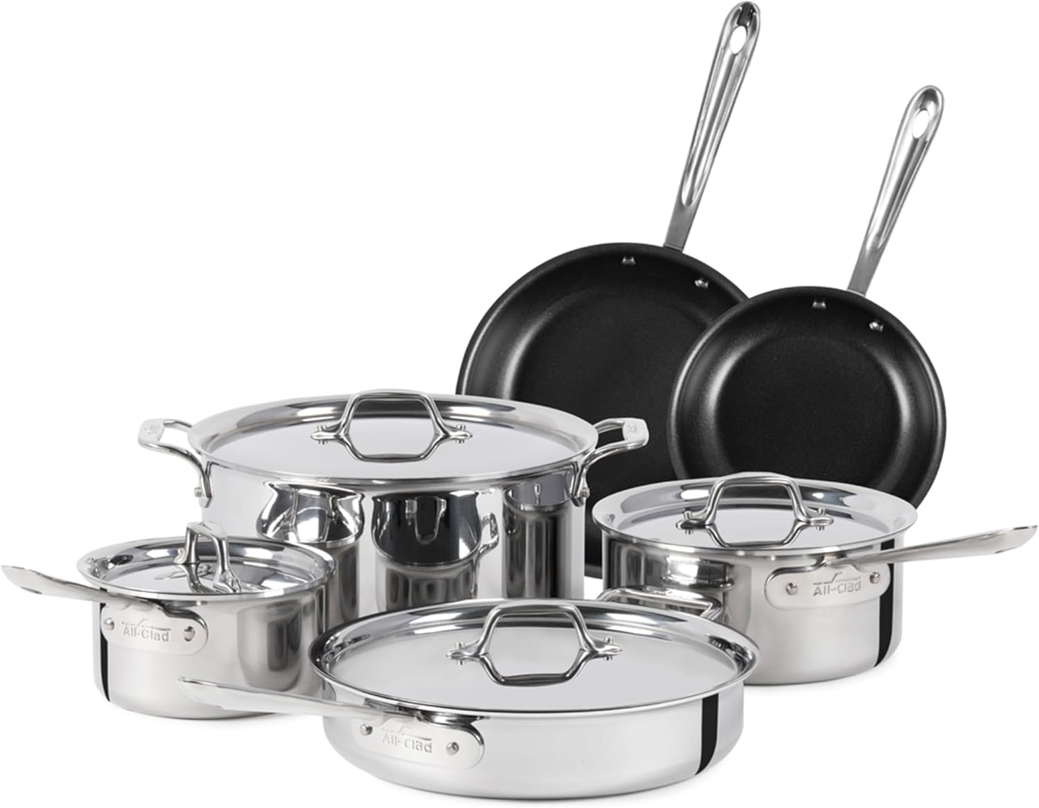 All-Clad D3 3 Ply Stainless Steel Nonstick Bonded Cookware Set 10 Piece, Oven Broiler Safe 600F, Kitchen Cooking Set w/Frying Pan, Sauce Pan, Saute Pan, Stockpot, Professional Pots & Pans Set Silver