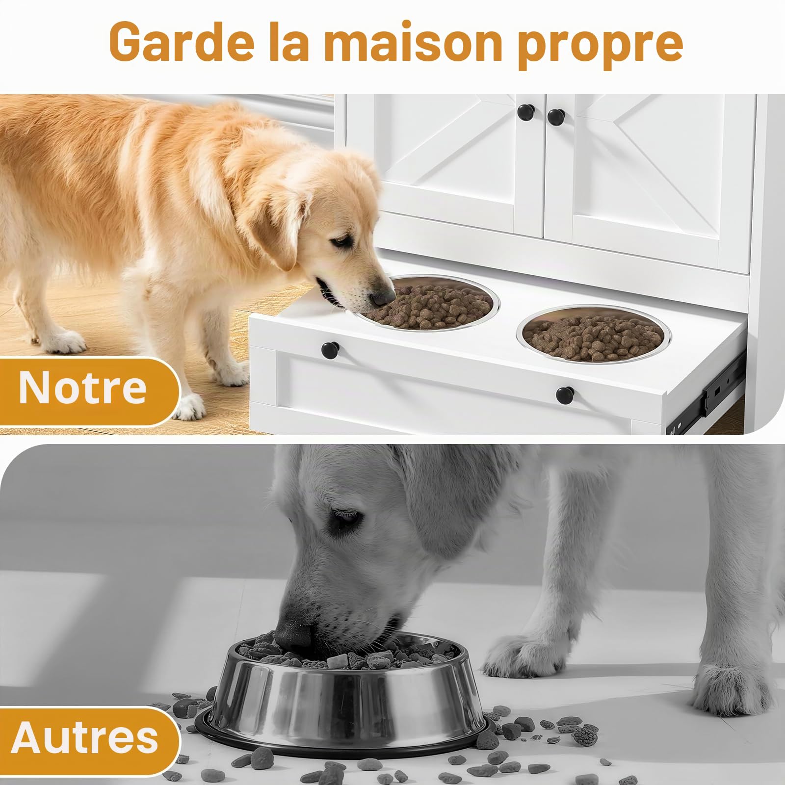 Meuble de Rangement pour Animaux de Compagnie avec 2 Gamelles en Acier Inoxydable, Armoire d’Alimentation 2 en 1 avec Grand Espace et Dispositif Antidumping, 60 x 35 x 82 cm