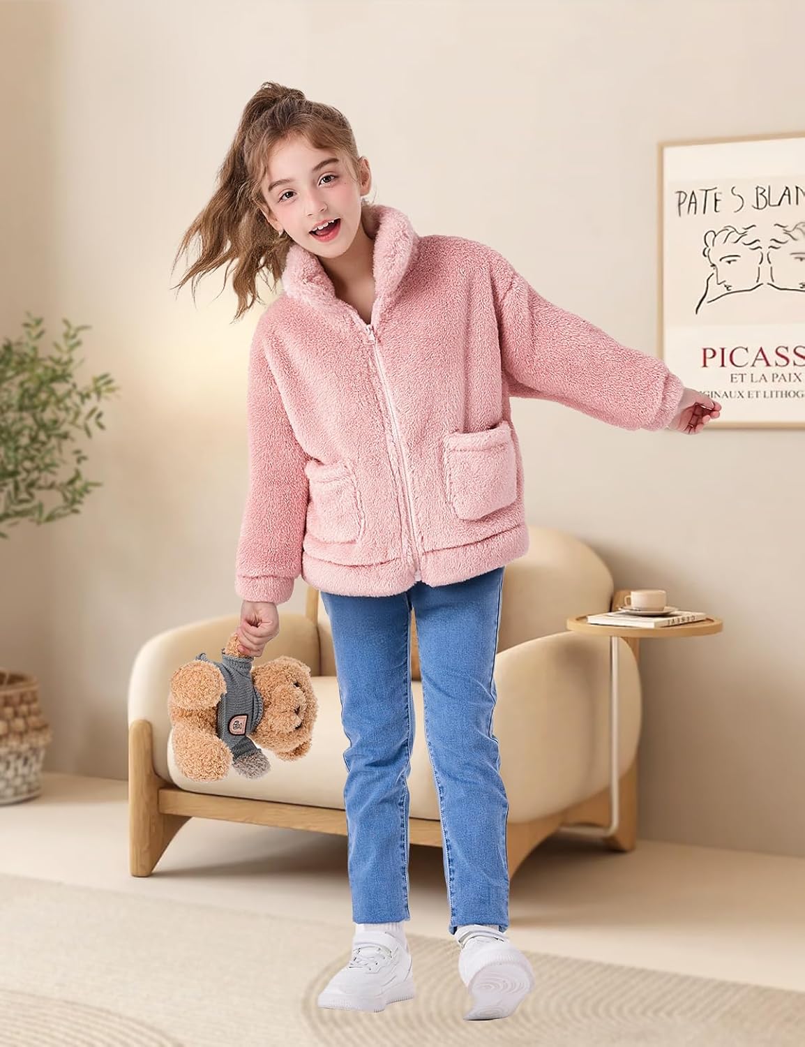 Girls Fleece Sherpa Jacket Full Zip Fall Coat with Pockets Winter Jackets Kids Outwear for 5-14y - Image 2