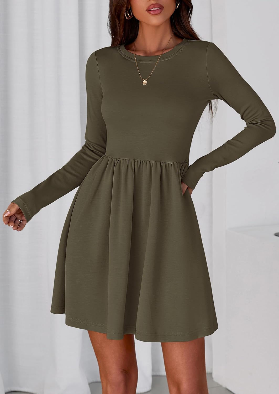 PRETTYGARDEN Women's Long Sleeve Mini Dresses 2026 Spring Casual Pleated A Line Party Cocktail Short Babydoll Dress Pocket - Image 7