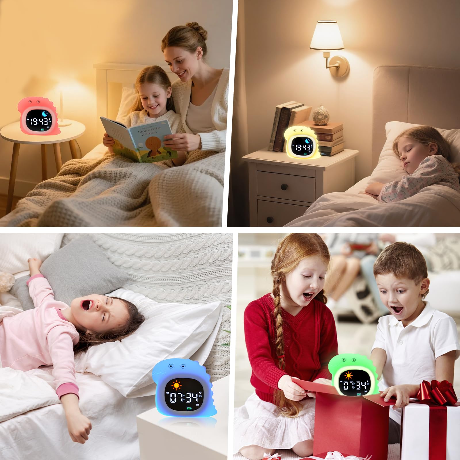 Sveglia per bambini, sveglia all'alba con luce notturna, display a LED con musica per dormire suoni rilassanti, funzione snooze, 12/24 ore, 6 luminosità regolabili per camera da letto